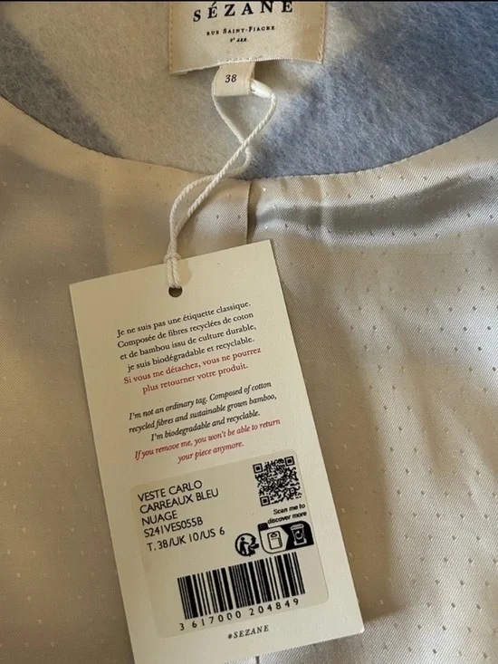 SEZANE Carlo Vest in Blue and White Plaid Wool Fully Lined Sz 38 6 NWT - Picture 6 of 8